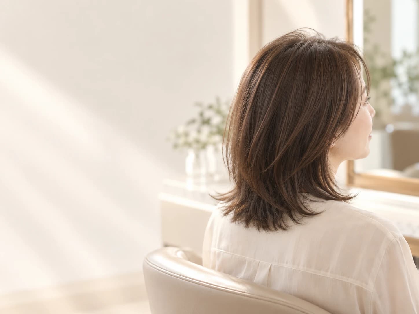 窓辺の椅子に腰掛け、横顔を見せる女性の写真