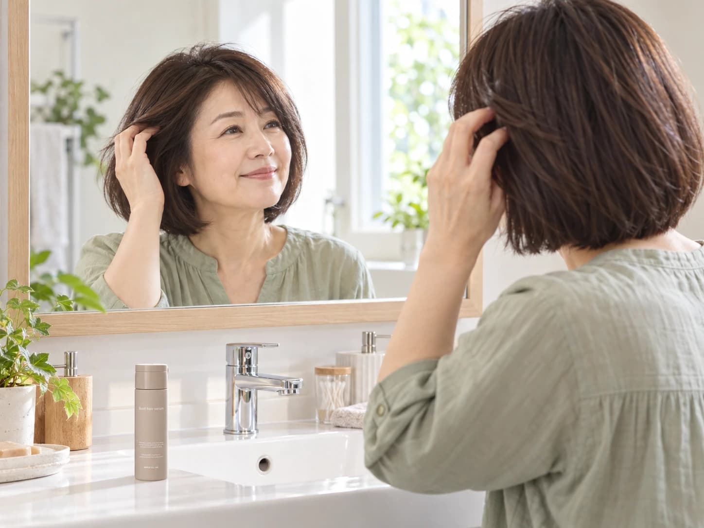 自宅の鏡で髪に触れ、仕上がりを確かめて微笑む女性