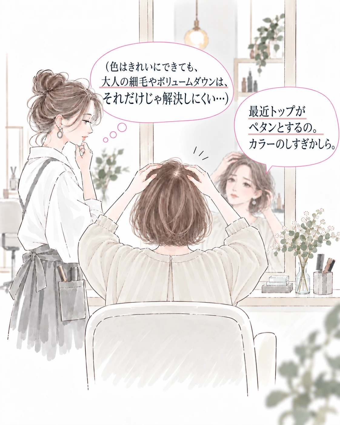 色はきれいにできても大人の細毛やボリュームダウンは解決しにくいと感じる美容師と、最近トップがペタンとすると話すお客様