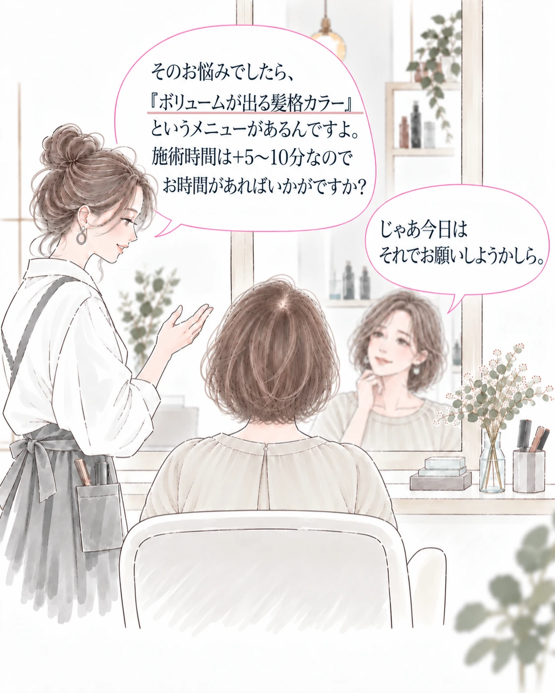 ボリュームが出る髪格カラーを提案する美容師と、それでお願いすると答えるお客様