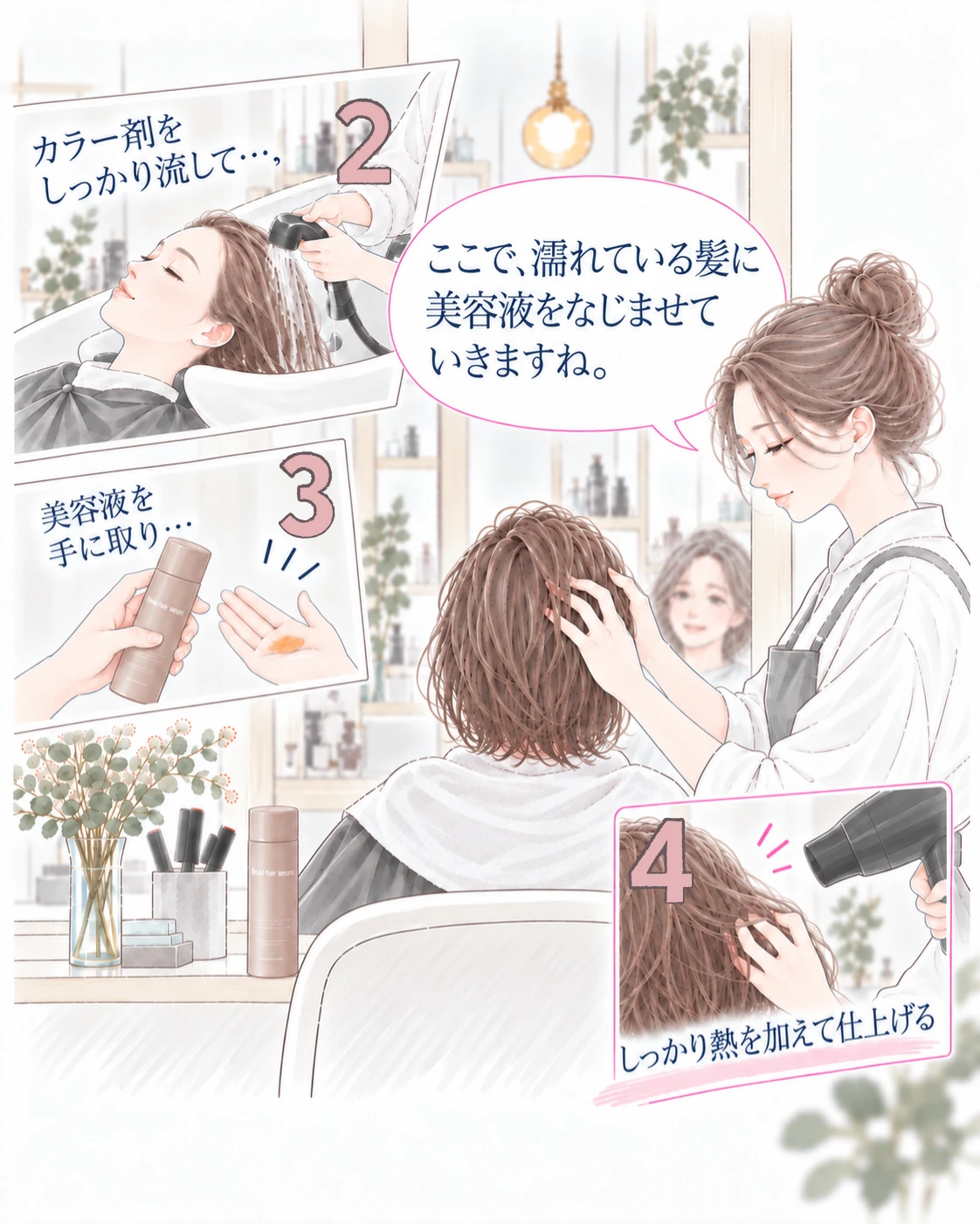 カラー剤をしっかり流し、濡れている髪に美容液をなじませてしっかり熱を加えて仕上げる工程