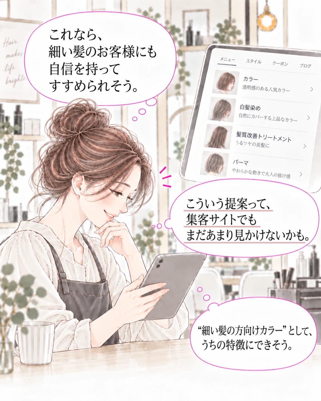 集客サイトでも細い髪の方へ打ち出したカラーはまだ少ないと気づき、うちの特徴として打ち出せそうだと考える美容師